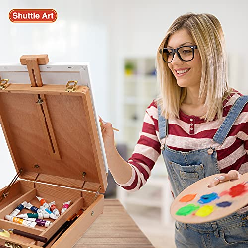Shuttle Art Acrylic Painting Set, 59 Pack Professional Painting Supplies with Wood Tabletop Easel, 30 Colors Acrylic Paint, Canvas, Brushes, Palette, Shuttle Art