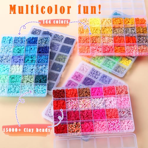 FUNZBO Clay Bead Bracelet Kit - 0.8mm|120M Bracelet String, 15000pcs|144 Colors Clay Beads, Bracelet Making Kit, Friendship Bracelet Kit with Letter FUNZBO