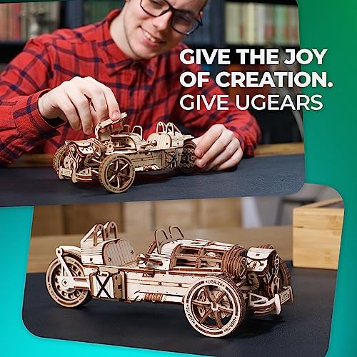 Ugears Three-Wheeler UGR-S - Wooden Motorcycle Model Kit - 3D Puzzles for Adults - Wooden Model Kits to Build - Unique DIY Wooden Puzzle Car Model