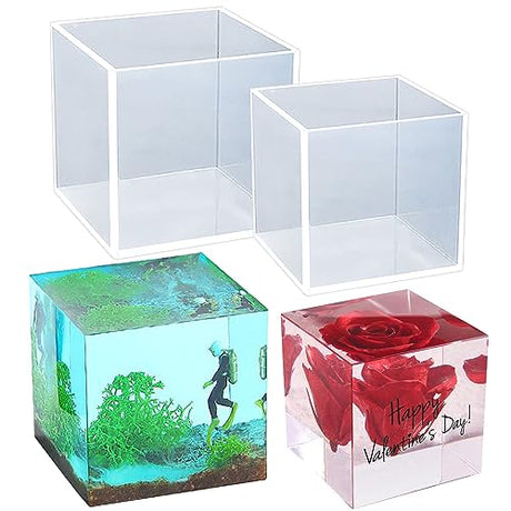 Voaesdk 2Pcs Large Cube Resin Molds, 4'' & 3'' Clear Silicone Cube Molds, Resin Flower Preservation Kit, Transparent Deep Square Epoxy Resin Molds Voaesdk