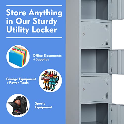 Yizosh Metal Locker with 6 Doors, Tall Steel Storage Lockers for Employees - 71" Locker Storage Cabinets for School, Gym, Home, Office, Garage (Grey) Yizosh