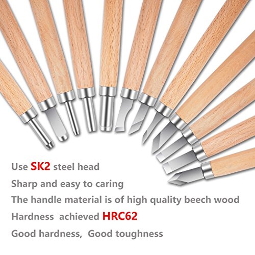 PRUGNA Wood Carving Tools Kit, HRC62 Carbon Steel Graver Set for Kids & Beginners, 12 Pcs Engraving Knife with Storage Case - WoodArtSupply