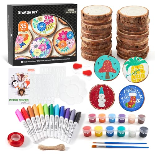 Wood Slices Kit, Shuttle Art 35 PCS Unfinished Natural Wood Slices with Pre-Drilled Hole, Acrylic Paint, Permanent Markers, Jute Twine, DIY Craft for - WoodArtSupply