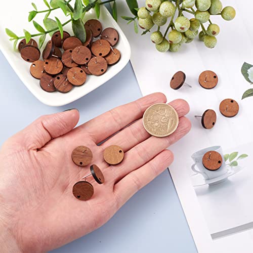 Pandahall 20 Pairs Walnut Wood Flat Round Shape Earring Findings 15mm Coconut Brown Dangle Stud Pendants with 304 Stainless Steel Pin for DIY Wooden PH PandaHall