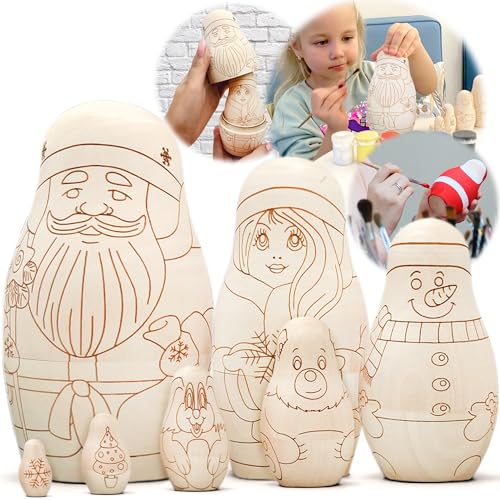 AEVVV Unfinished Russian Christmas Crafts Set 7 pcs - Unpainted Christmas Nesting Dolls Blank - Paint Your Own Matryoshka Father Frost, Snow Maiden, - WoodArtSupply