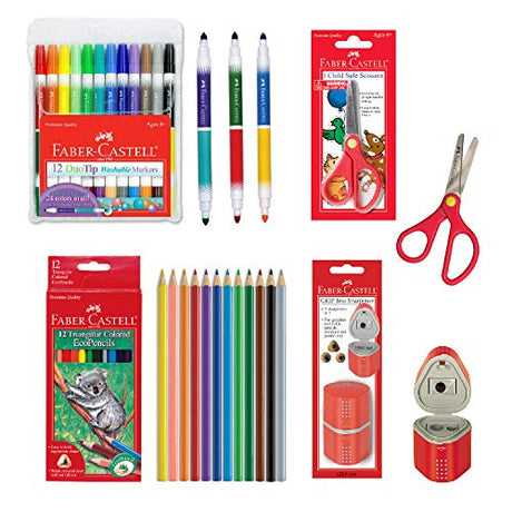 Faber-Castell Back to School Supplies Set - 12 DuoTip Markers, 12 Colored Ecopencils, Child Safe Scissors & Grip Trio Sharpener (Sharpener Color May Faber-Castell