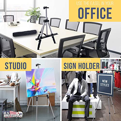 U.S. Art Supply 66" Sturdy Silver Aluminum Tripod Artist Field and Display Easel Stand - Adjustable Height 18" to 5.5 Feet, Holds 36" Canvas - Floor US Art Supply