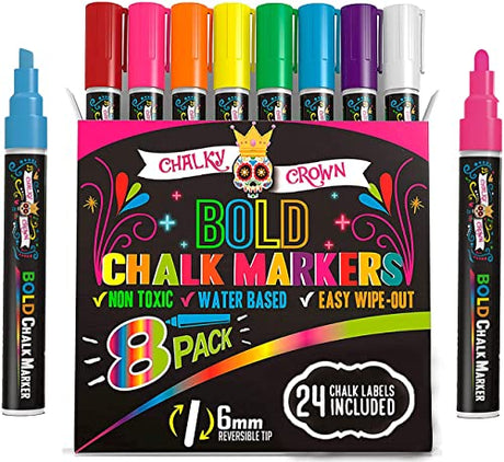 Bold Liquid Chalk Markers - Dry Erase Marker Pens for Chalkboards, Signs, Windows, Blackboard, Glass, Mirrors - Chalkboard Markers with Reversible CHALKY CROWN