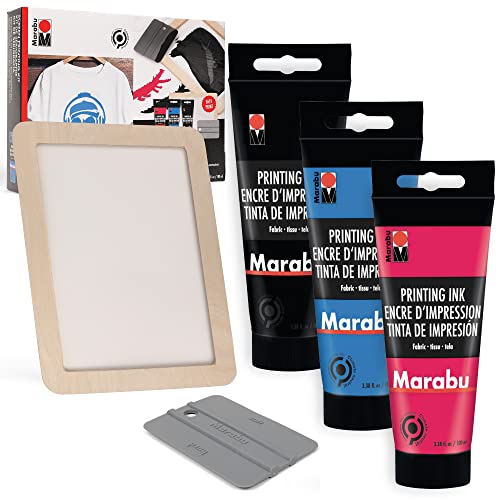 Marabu Screen Printing Kit Set - Screen Print Kit with Reusable Wooden Frame, 1 Screen Printing Squeegee, and 3 x 100ml Ink - Silk Screen Printing Marabu