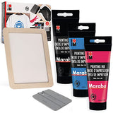 Marabu Screen Printing Kit Set - Screen Print Kit with Reusable Wooden Frame, 1 Screen Printing Squeegee, and 3 x 100ml Ink - Silk Screen Printing Marabu