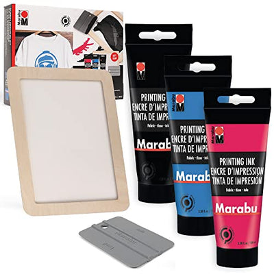 Marabu Screen Printing Kit Set - Screen Print Kit with Reusable Wooden Frame, 1 Screen Printing Squeegee, and 3 x 100ml Ink - Silk Screen Printing