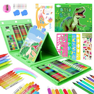 homicozy Art Supplies for Kids Ages 4-12,Dinosaur Drawing Sets Art Case,Coloring Kits with Double Sided Trifold Easel,Crayon,Colored