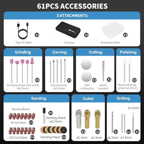 HARDELL Cordless Rotary Tool, 5 Variable Speed Mini Rotary Tool Kit with 61 Accessories, 3.7V Type-C Charging Power Rotary Tool for Engraving, - WoodArtSupply