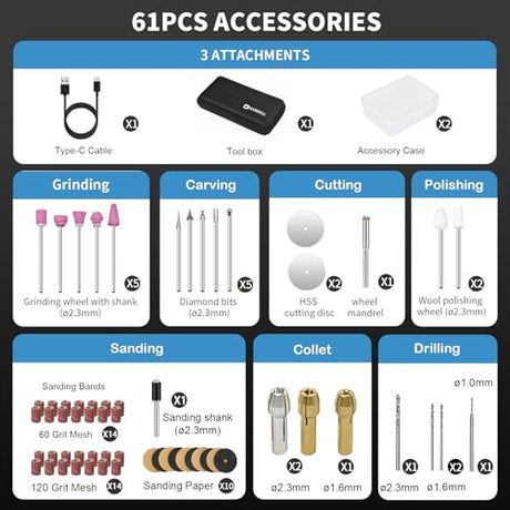 HARDELL Cordless Rotary Tool, 5 Variable Speed Mini Rotary Tool Kit with 61 Accessories, 3.7V Type-C Charging Power Rotary Tool for Engraving, HARDELL