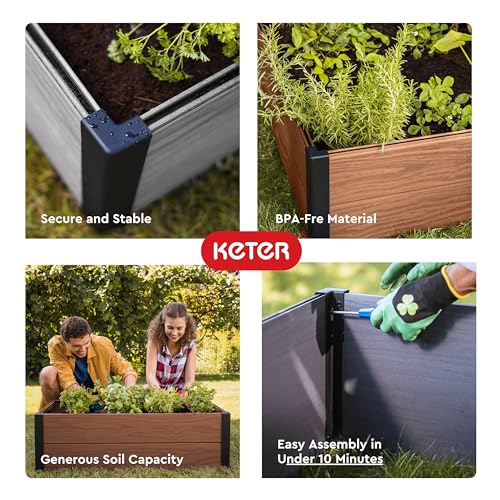 Keter 48" X 48" inches Wood Look Raised Garden Bed, Durable Outdoor Planter for Vegetables, Flowers, Herbs, and Succulents, Grey