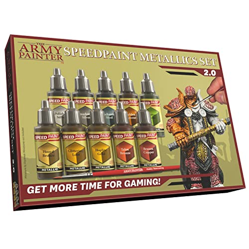The Army Painter Speedpaint Metallics Set 2.0-10x18 ml Speed Model Paint Kit with Mixing Balls, Basecoating Model Paint Brush & Painting Guide, Army The Army Painter