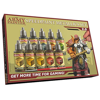 The Army Painter Speedpaint Metallics Set 2.0-10x18 ml Speed Model Paint Kit with Mixing Balls, Basecoating Model Paint Brush & Painting Guide, Army - WoodArtSupply