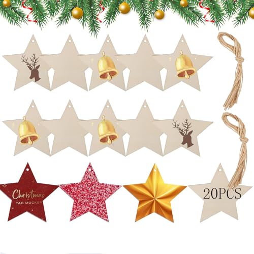 Pack of 20 Wooden Crafts Christmas Tree Hanging Ornaments Unfinished Wood Cutouts Christmas Decoration DIY Crafts with Cords (Wooden Star Cutouts) - WoodArtSupply