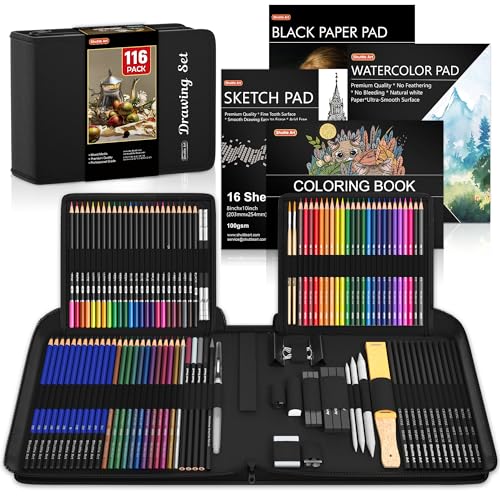 Shuttle Art 116 PCS Drawing Kit, Complete Drawing Supplies with Sketch Pencils, Colored Pencils, Graphite, Charcoal Sticks, Professional Drawing - WoodArtSupply