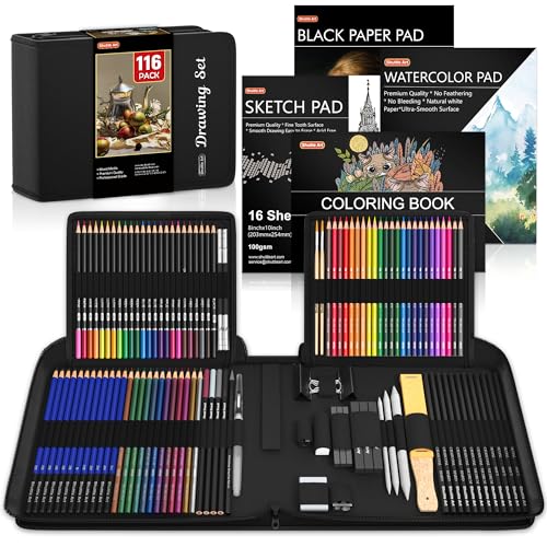 Shuttle Art 116 PCS Drawing Kit, Complete Drawing Supplies with Sketch Pencils, Colored Pencils, Graphite, Charcoal Sticks, Professional Drawing