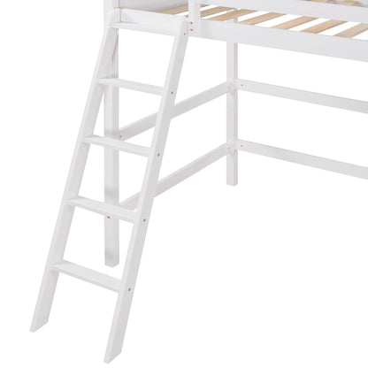 SOFTSEA Twin Size Loft Bed with Ladder, Wooden Loft Bed Twin Size with Guardrails for Kids Teens Adults, No Box Spring Needed, White
