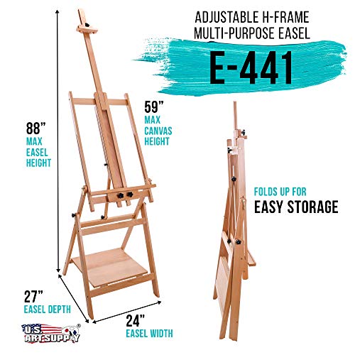 U.S. Art Supply Large Adjustable H-Frame Multi-Purpose Studio Artist Wooden Floor Easel - Tilts Flat, Mast Adjusts to 88" High, Holds 59" Canvas - US ART Supply