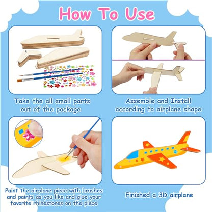 Fennoral 12 Pack Wooden Airplane Craft for Kids Make Your Own 3D Airplane kit for Boys Girls DIY Paint Wood Planes for School Art Activity Birthday