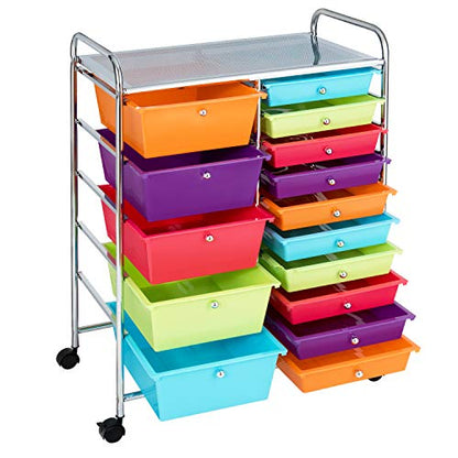 Giantex 15-Drawer Organizer Cart Office School Storage Cart Rolling Drawer Cart for Tools, Scrapbook, Paper (Multicolor) - WoodArtSupply