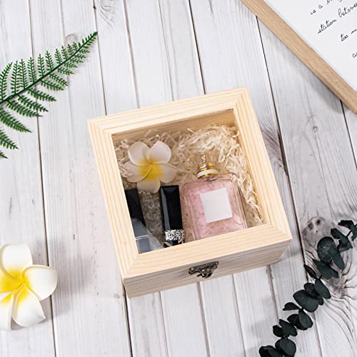 Useekoo Wooden Box with Hinged Lid, 5.9'' x 5.9'' x 3.9'' Unfinished Wood Keepsake Storage Box with glass lid, Wooden Jewelry Box for Gift and Home