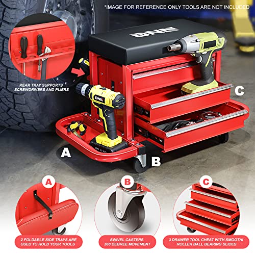 DNA MOTORING TOOLS-00261 3-Drawer Chest Rolling Mechanic Seat with Tool Trays,350lbs Max Weight Capacity,Red - WoodArtSupply