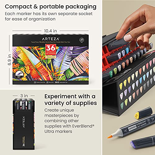 ARTEZA Alcohol Brush Markers, Set of 36 Colors, EverBlend Tropical Tones, Medium Chisel and Brush Nib, Dual Tip Markers for Drawing and Sketching ARTEZA
