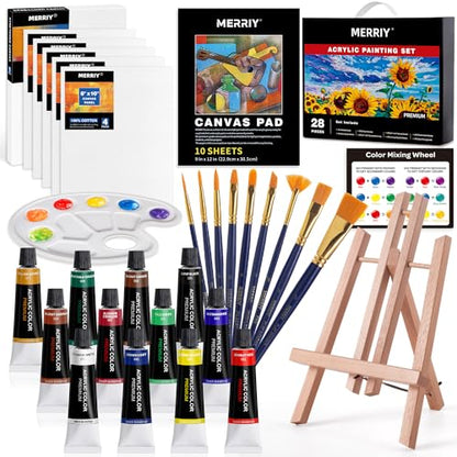 MERRIY Acrylic Paint Set for Kids, Art Painting Supplies Kit with 12 Paints, 10"x 12" Stretched Canvas, Table Easel, Professional Premium Paint Set