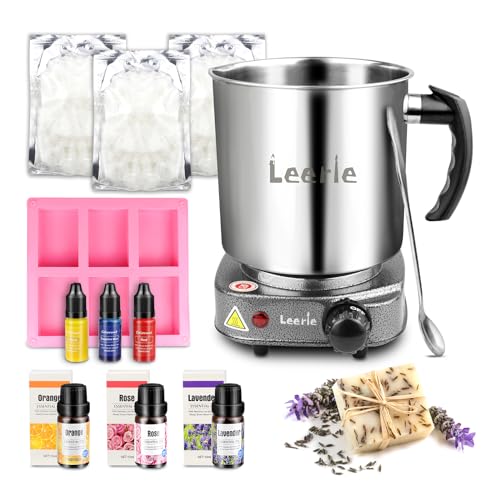 Leerie 3.6Lbs Soap Making Kit with Electronic Hot Plate, 1.6 Lb Glycerin Soap Base, Pouring Pot, Silicon Mold, Spoon,3 Essential Oils for Soap - WoodArtSupply