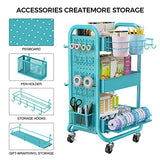 DESIGNA 3-Tier Utility Storage Rolling Cart with Removable Pegboard & Extra Storage Baskets Hooks, Metal Craft Art Carts for Gift Home Office, Teal DESIGNA