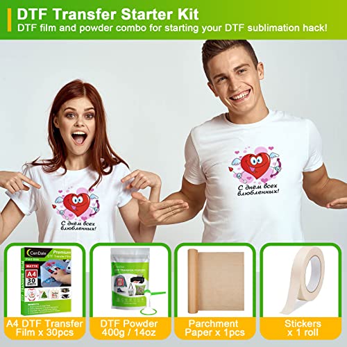CenDale DTF Transfer Film and Powder Kit - 30 Sheets A4 DTF Film for Sublimation, 14oz White Medium DTF Powder, Direct-to-Film Transfer for Any CenDale