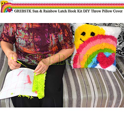 GREBSTK Latch Hook Kit DIY Throw Pillow Cover Sofa Cushion Cover Sun & Rainbow Pattern Paint Cross Stitch 16X16 inch GREBSTK