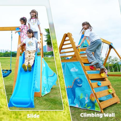 SuniBoxi Playground Swing Sets for Backyard for Kids, Wooden Playground Sets for Backyards with 2 Swings, a Big Wave Slide, Climbing Wall, Kids - WoodArtSupply