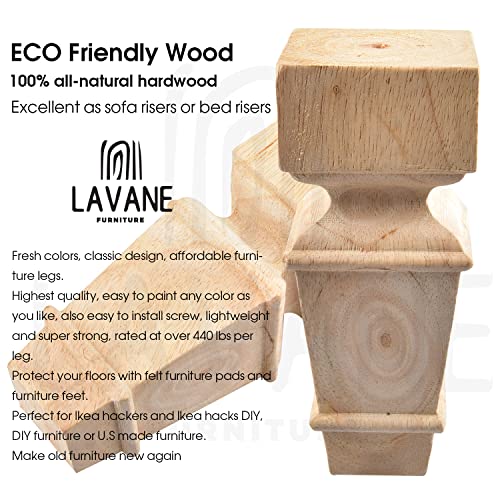 6 inch / 15cm Wooden Furniture Legs, La Vane Set of 4 Carved Geometry Solid Wood Unfinished Replacement Bun Feet with Mounting Plate & Screws for La Vane