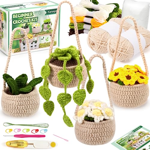 Karsspor Crochet Kit for Beginners - 4 PCS Hanging Potted Plants, Beginner Crochet Kit for Adults with Easy to Follow Tutorials (Patent Product) Karsspor