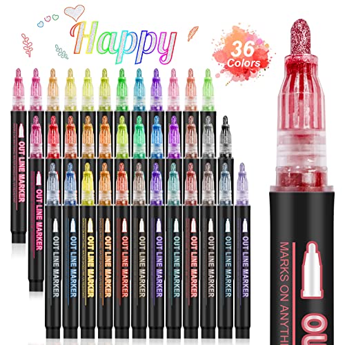 Banral 36 Colors Glitter Markers, Double Line Outline Markers, Super Squiggles Shimmer Outline Marker Set, Self Outline Metallic Doodle Drawing Pens Banral