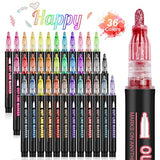 Banral 36 Colors Glitter Markers, Double Line Outline Markers, Super Squiggles Shimmer Outline Marker Set, Self Outline Metallic Doodle Drawing Pens Banral