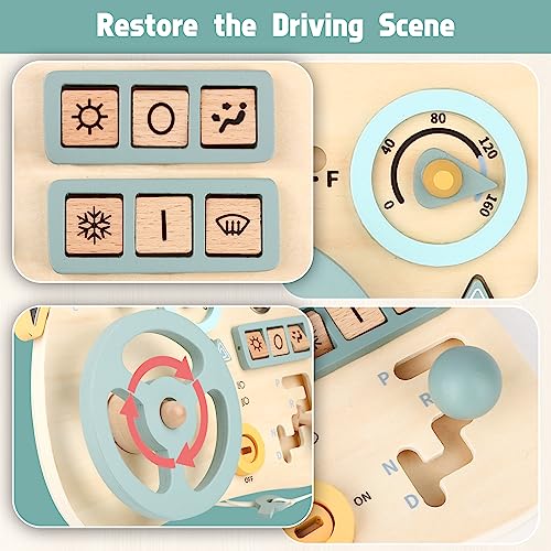 Montessori Busy Board Toy for Toddlers, Car Wooden Sensory Board Educational Toys with 10 Fine Activity Motor Skills, Driving Scene Travel Toys for - WoodArtSupply