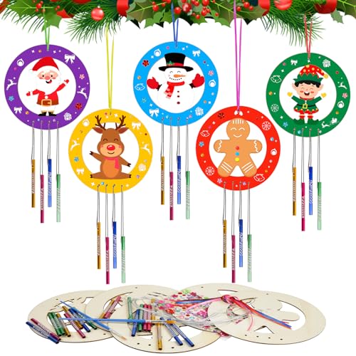 Fnnoral 5 Pack Christmas Wind Chime Kit for Kids Make You Own Wooden Christmas Wreath Wind Chimes DIY Coloring Craft for Girls Boys Christmas Hanging - WoodArtSupply