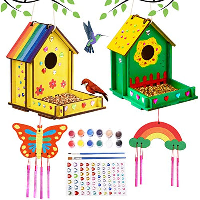 Make Your Own Bird Feeder Wind Chime Kit for Kids - 2 Pack DIY Craft Set with Diamond Stickers