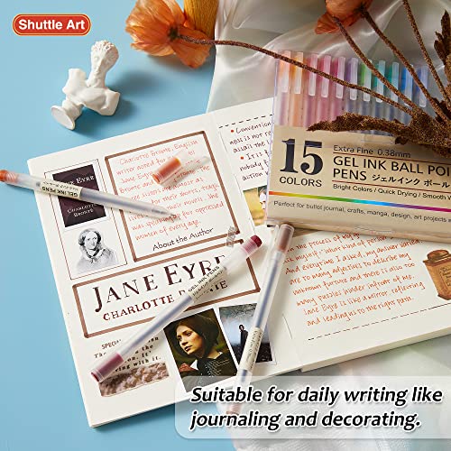 Shuttle Art Gel Ink Ball Point Pens, 15 Colors Japanese Style Pens, 0.38mm Extra-Fine Ballpoint Pens for Home, School and Office Shuttle Art