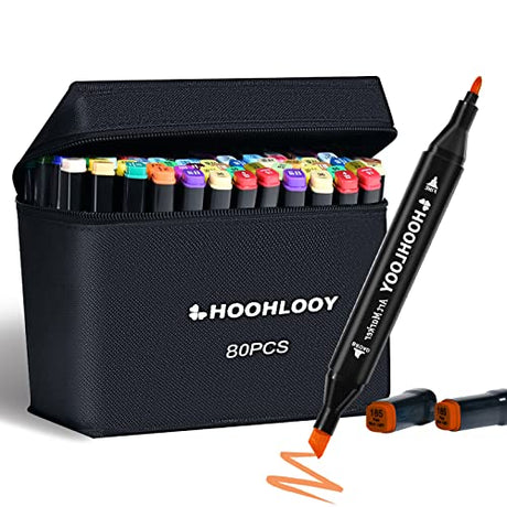 HOOHLOOY 80 Colors Upgraded Alcohol Marker Set, Brush Chisel Double Head Art Marker for Artists Adult Coloring, Sketching, Painting, Comes w/ 1 Case HOOHLOOY