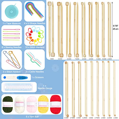 Coopay Knitting Kit 71 PCS Knitting Needles Set, Knitting Kit for Beginners Adults 2mm-10mm Straight Single Pointed Bamboo Knitting Needles with