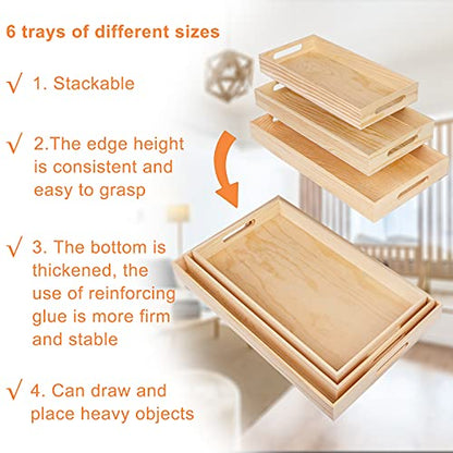 6 Pcs Wooden Serving Trays - Unfinished Reinforced Wooden Decorative Trays with Handles, DIY Crafts Differdent Food Tray Set for Breakfast, Dinner,