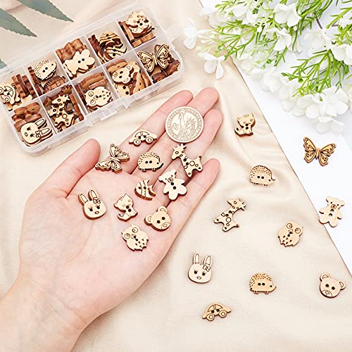 arricraft 100 Pcs Animal Style Wooden Sewing Buttons, 2-Hole Rabbit Butterfly Bear Sewing Buttons, Unfinished Wood Decorative Buttons for Sewing arricraft