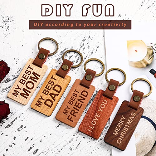 50 Pcs Leather Keychain Blanks Wooden Keychain Blanks Wood Keychain Blank Unfinished Wood Tags with Leather Strap Keyring (White Maple, Walnut, Sasylvia